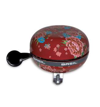 BASIL 2-Klang Fahrradklingel / Glocke Ding Dong Bloom, Scarlet Red mit Blumen, XXL Ø 80mm