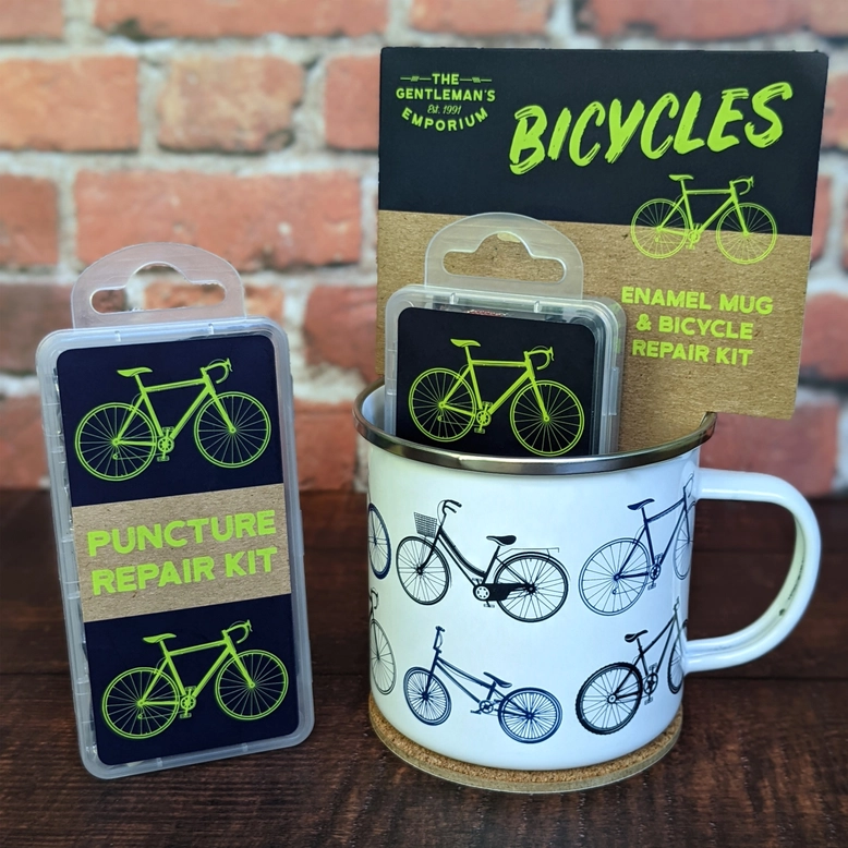 Gentlemen's Emporium Emaille-Becher & Reparaturset — Fahrradmotiv