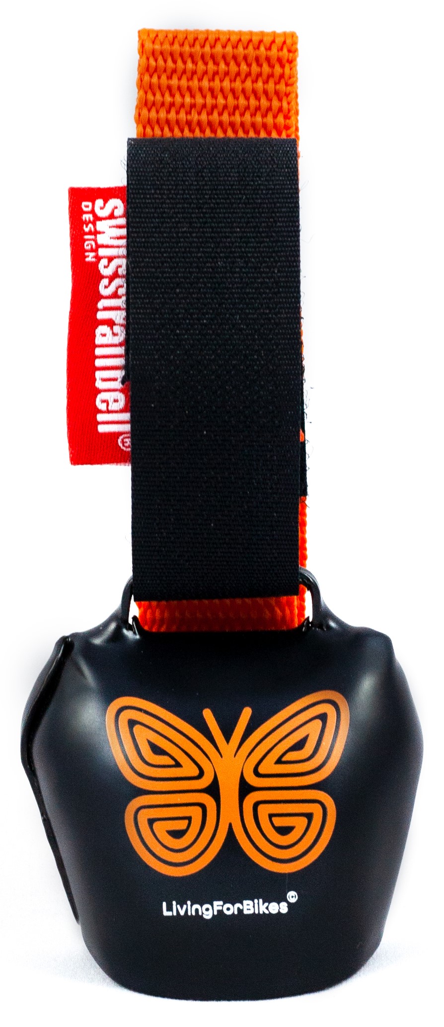 swisstrailbell® "Mexico Edition" Deep Black: Orange Mariposa, orangenes Band, Fahrradklingel