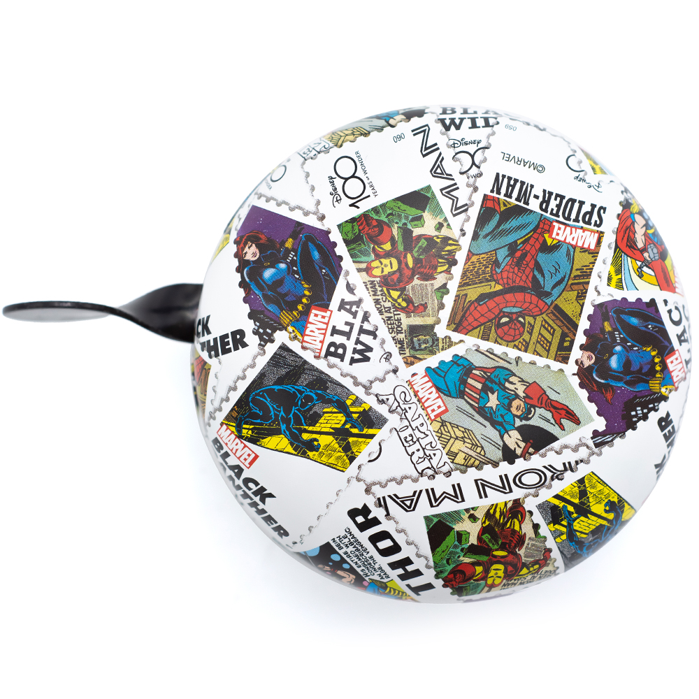 Jubiläums-Disney 2-Klang Fahrradklingel Marvel RETRO "Superhelden Stamps", XXL Ø 80mm, D100