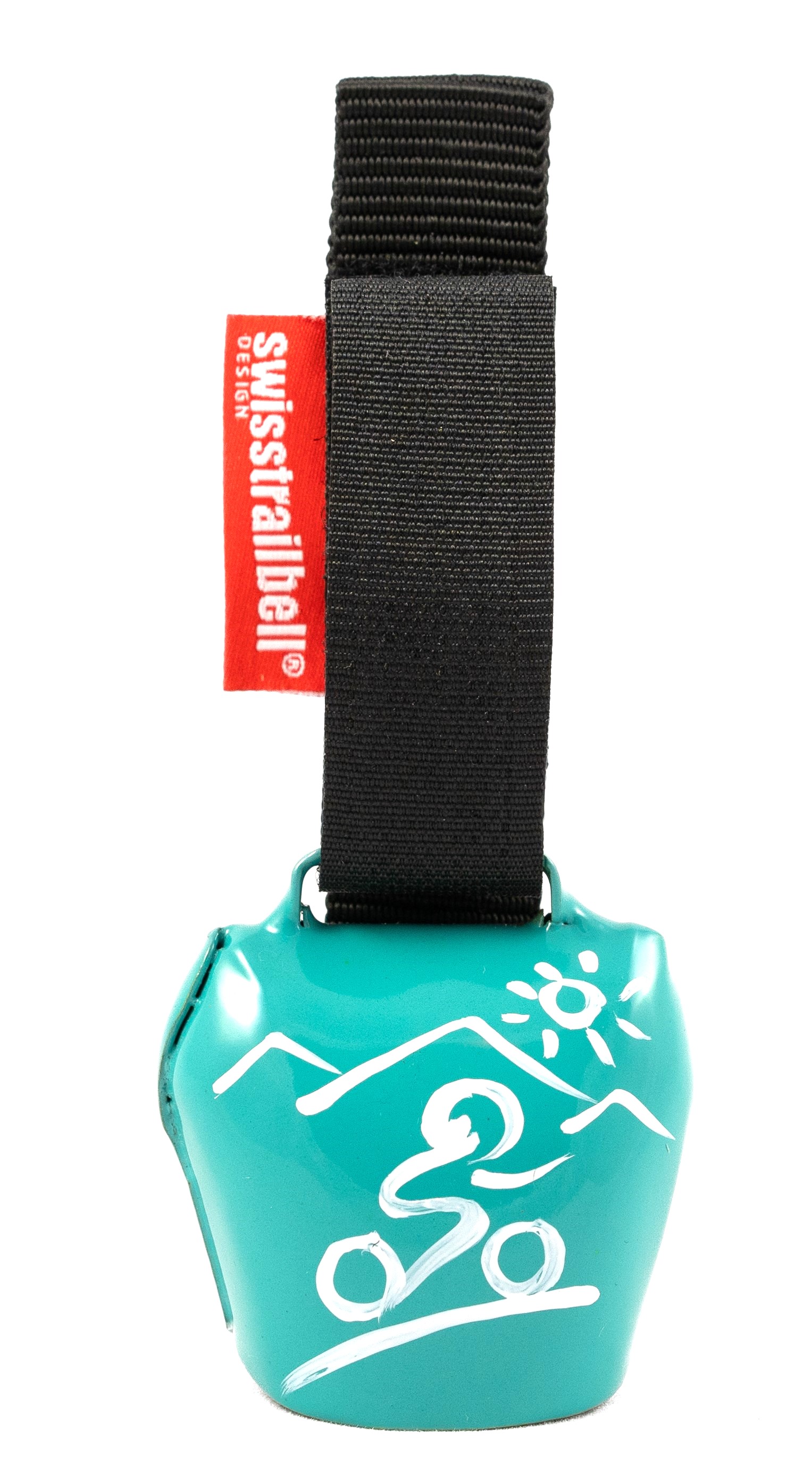 swisstrailbell® fresh Colour: Türkis mit weißem Mountainbiker, schwarzes Band