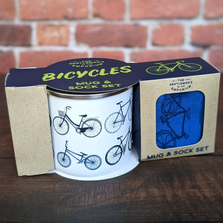 Gentlemen's Emporium Emaille-Becher & Socken Set mit Fahrradmotiv – Geschenkidee