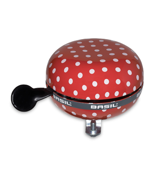 BASIL Zweiklang Fahrradklingel / Glocke Ding Dong Polkadot, rot mit weißen Punkten, XXL Ø 80mm