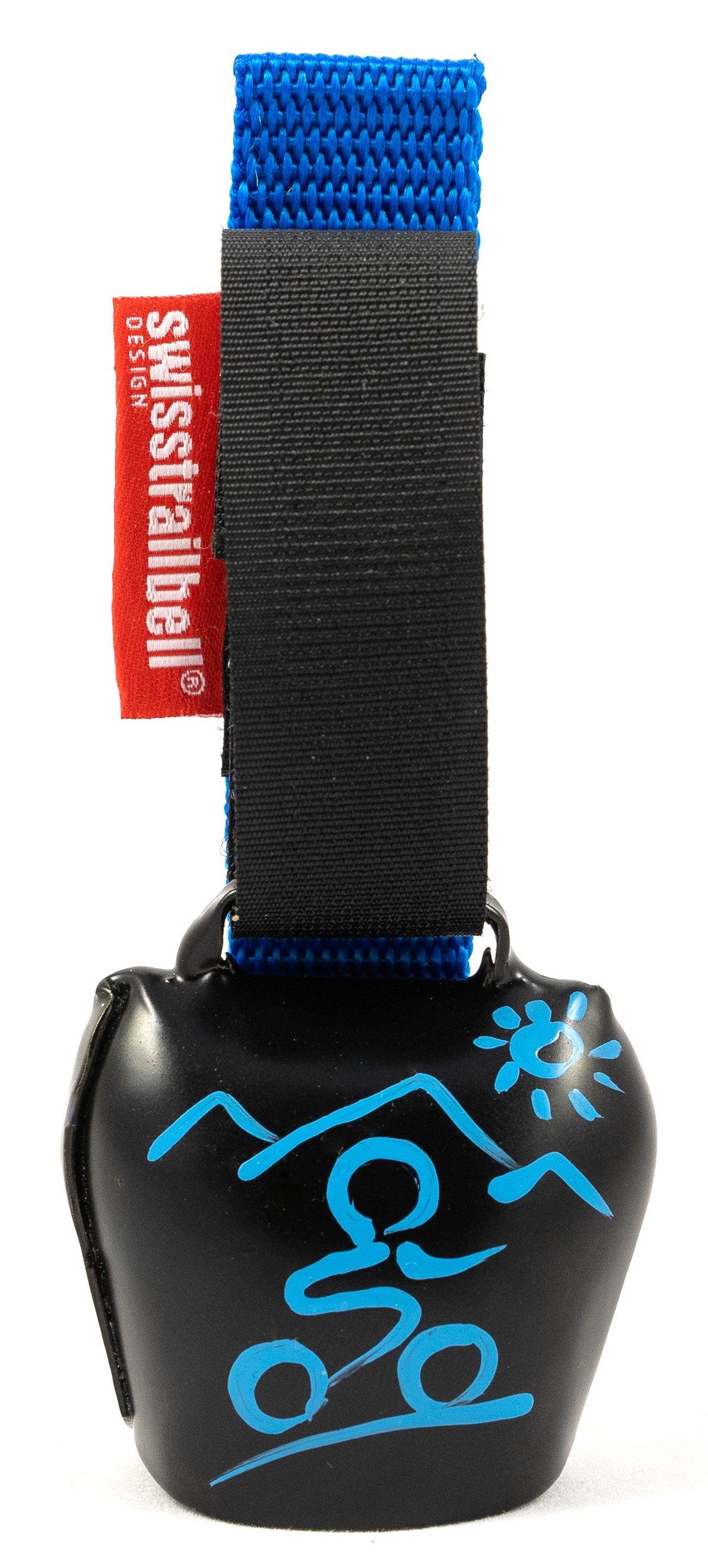 swisstrailbell® Black, blauer MTB, hell-blaues Band, Fahrradklingel, Trailbell, Bärenglocke