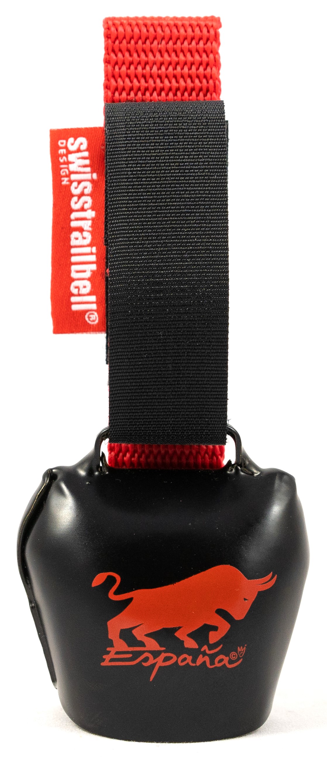 swisstrailbell® Fahrradklingel "Spain Edition" Deep Black: "Spanish ToroRojo Bell", rotes Band